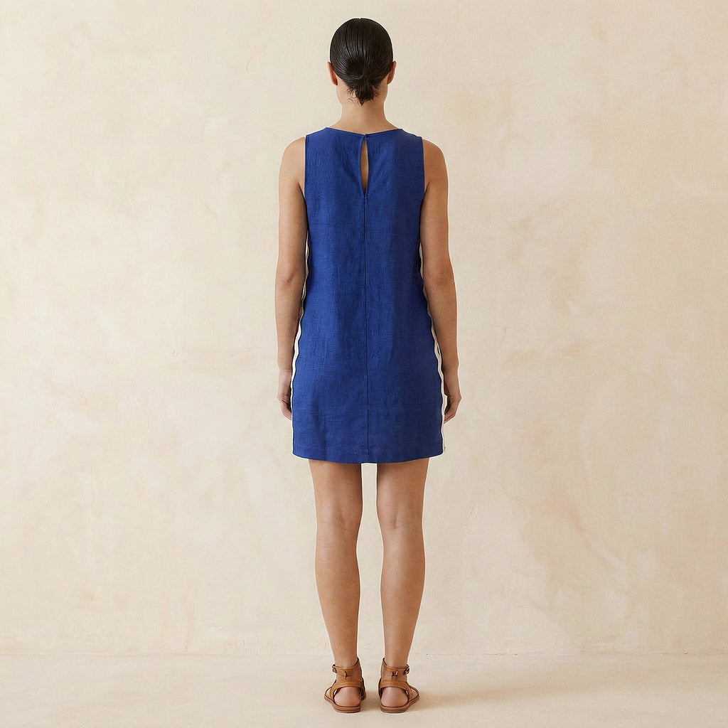Blue Handspun Cotton Wavy Stripe Short Shift Dress