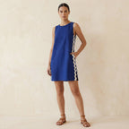 Blue Handspun Cotton Wavy Stripe Short Shift Dress