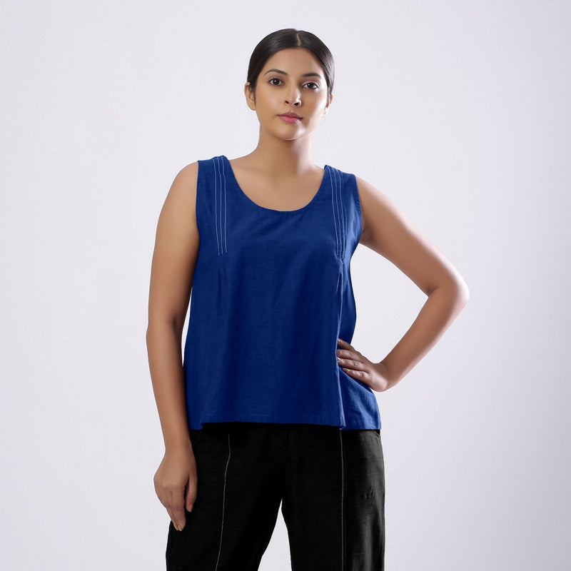 Blue Handspun Yarn-Dyed Cotton V-Neck Top