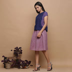 Left View of a Model wearing Blue Ikat Paneled Handspun Straight Top