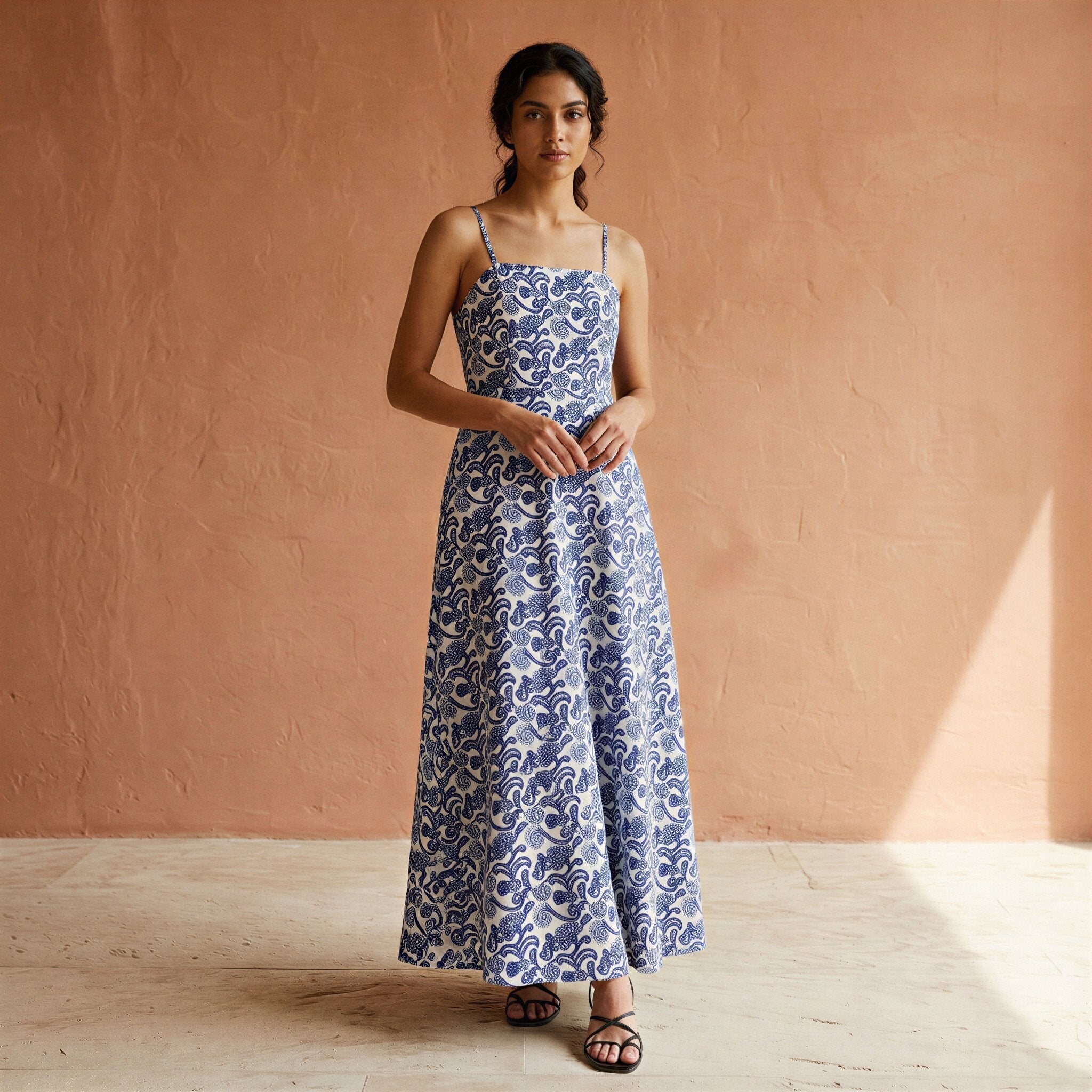 Blue Mughal Floral Block Print Cotton Ankle Length Flared Sundress