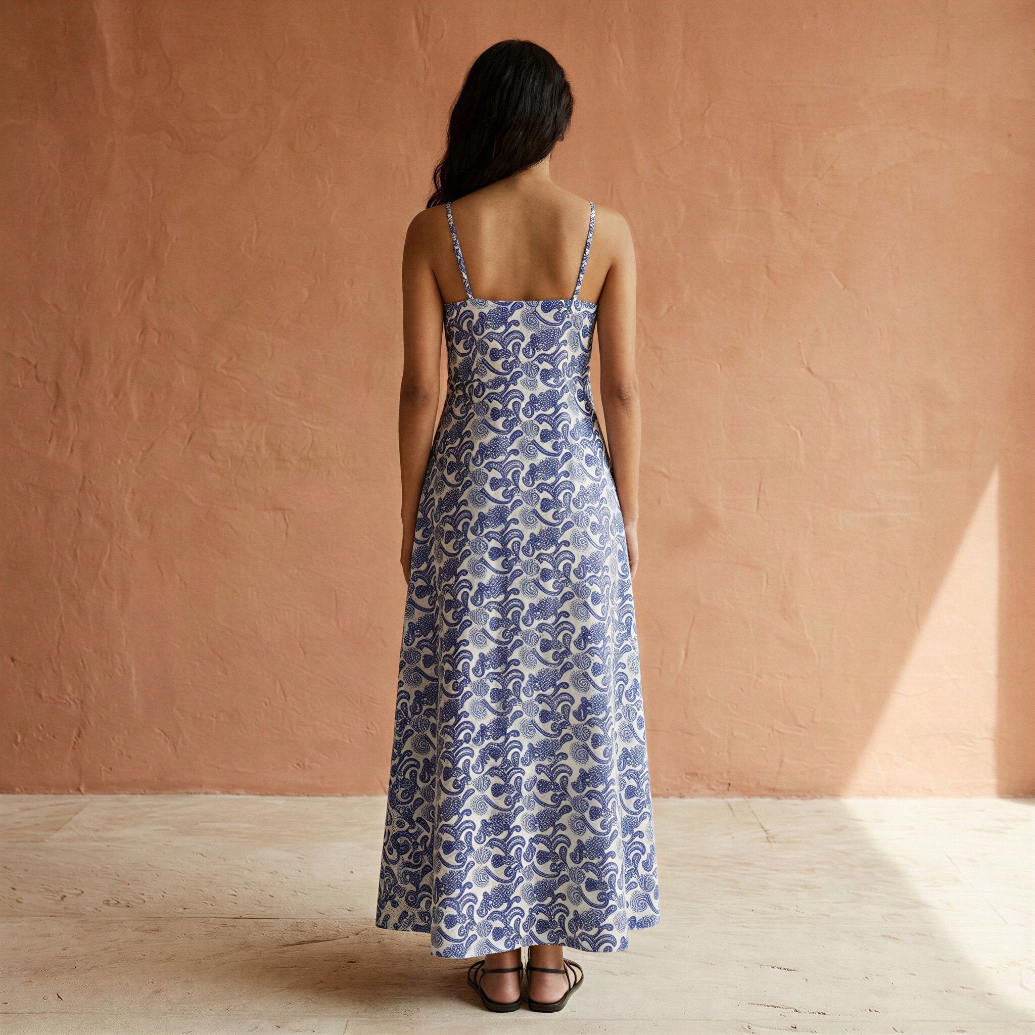 Blue Mughal Floral Block Print Cotton Ankle Length Flared Sundress