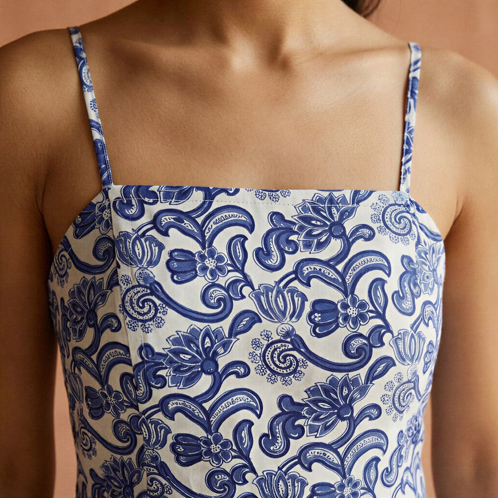 Blue Mughal Floral Block Print Cotton Ankle Length Flared Sundress