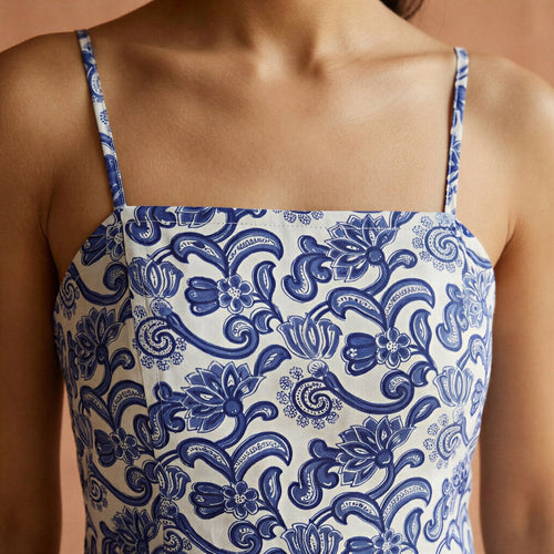 Blue Mughal Floral Block Print Cotton Ankle Length Flared Sundress