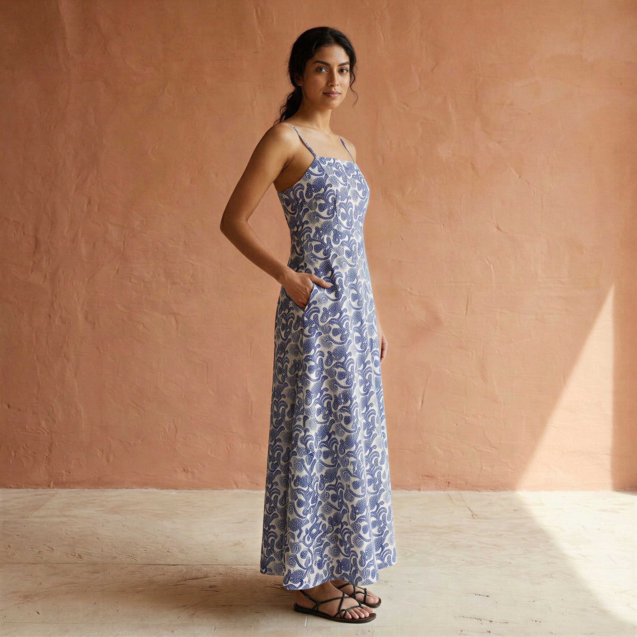 Blue Mughal Floral Block Print Cotton Ankle Length Flared Sundress