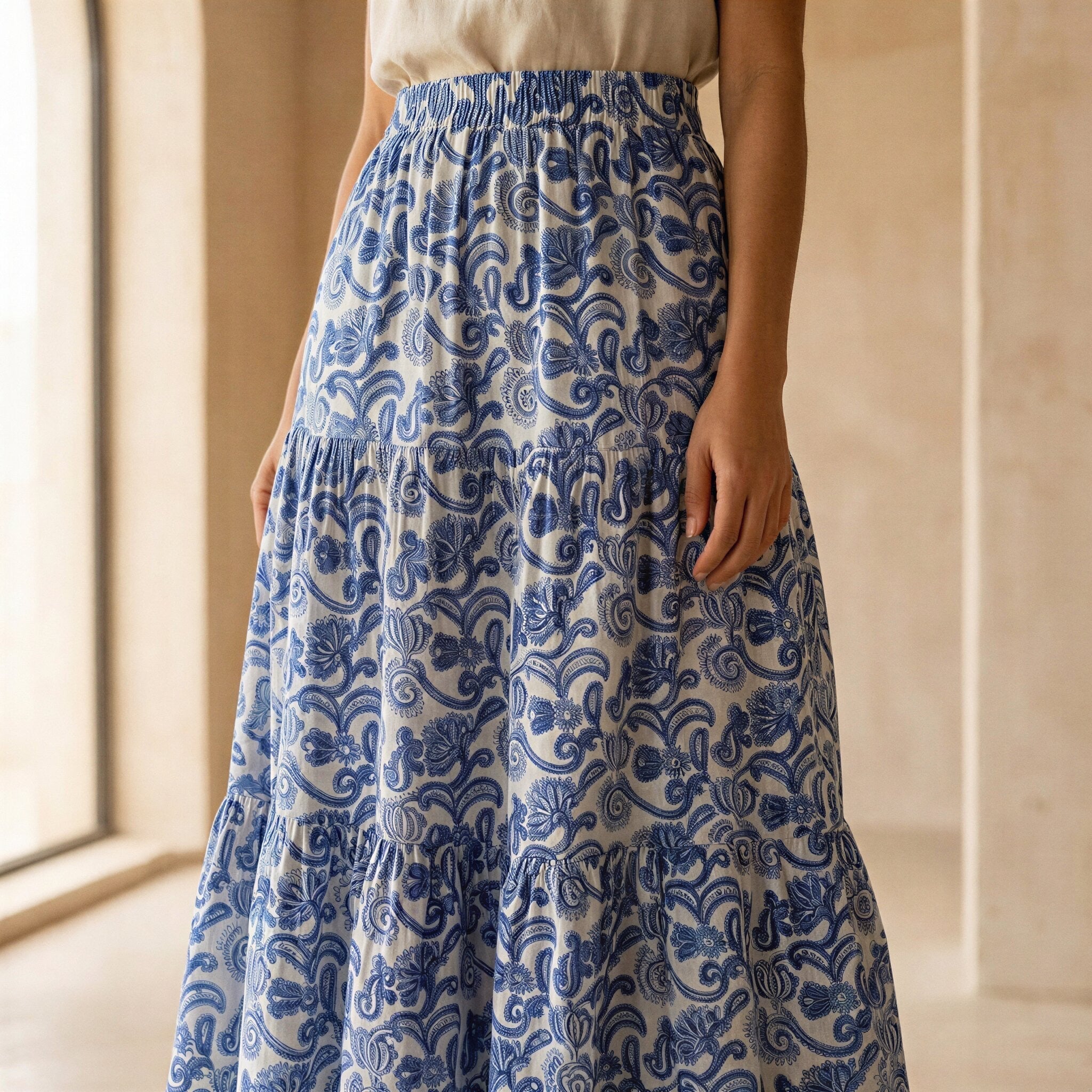 Blue Mughal Floral Block Print Cotton Elasticated Maxi Tier Skirt