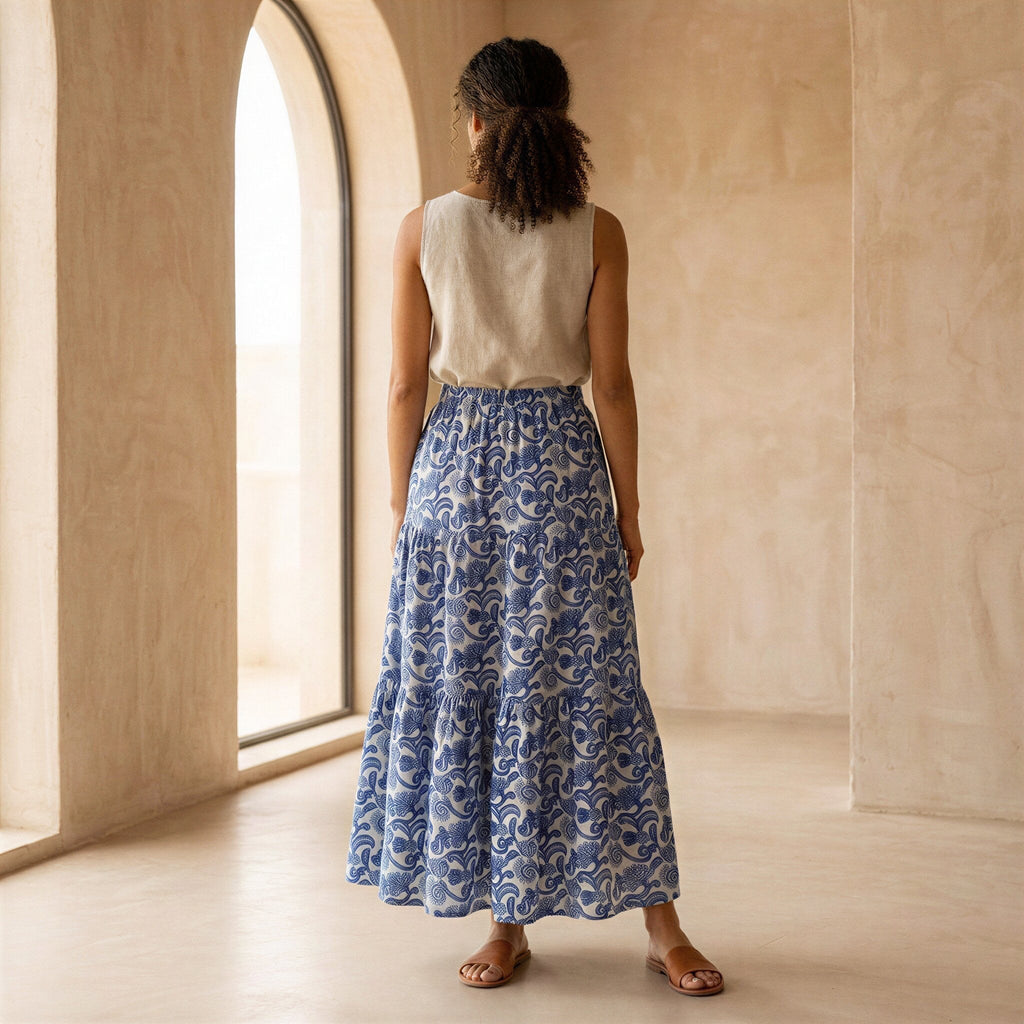 Blue Mughal Floral Block Print Cotton Elasticated Maxi Tier Skirt