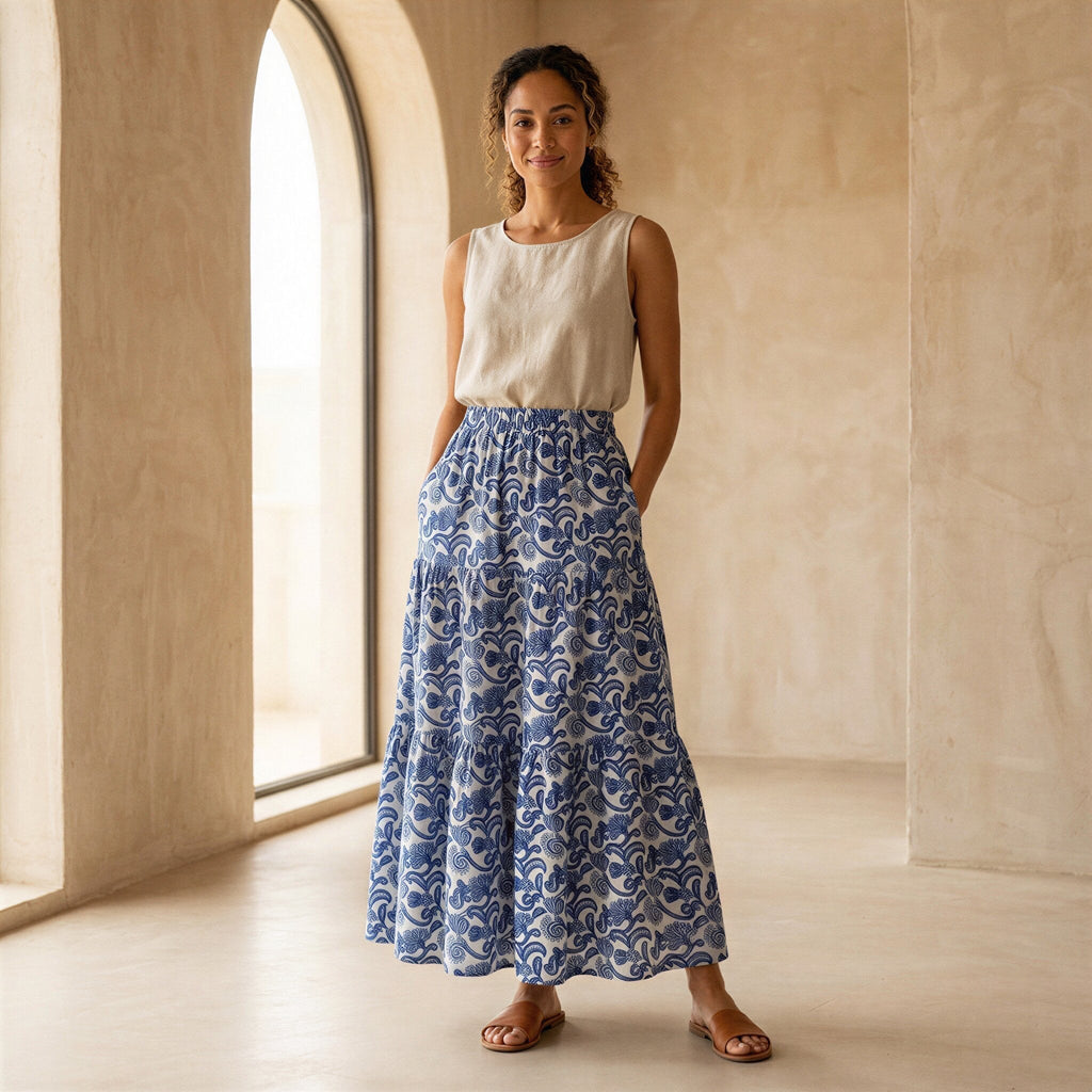 Blue Mughal Floral Block Print Cotton Elasticated Maxi Tier Skirt