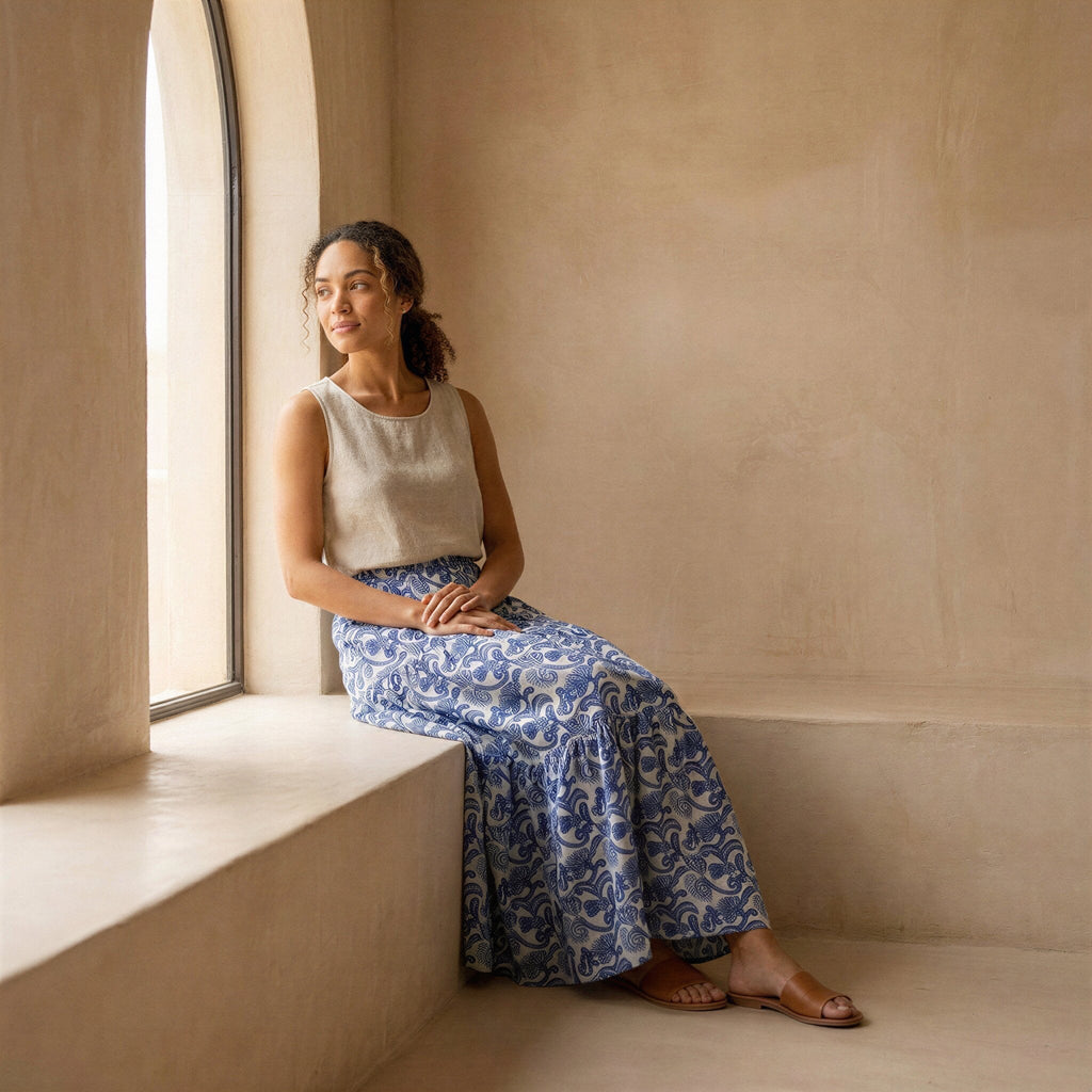 Blue Mughal Floral Block Print Cotton Elasticated Maxi Tier Skirt