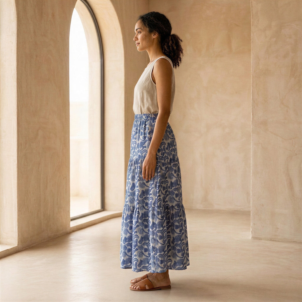 Blue Mughal Floral Block Print Cotton Elasticated Maxi Tier Skirt