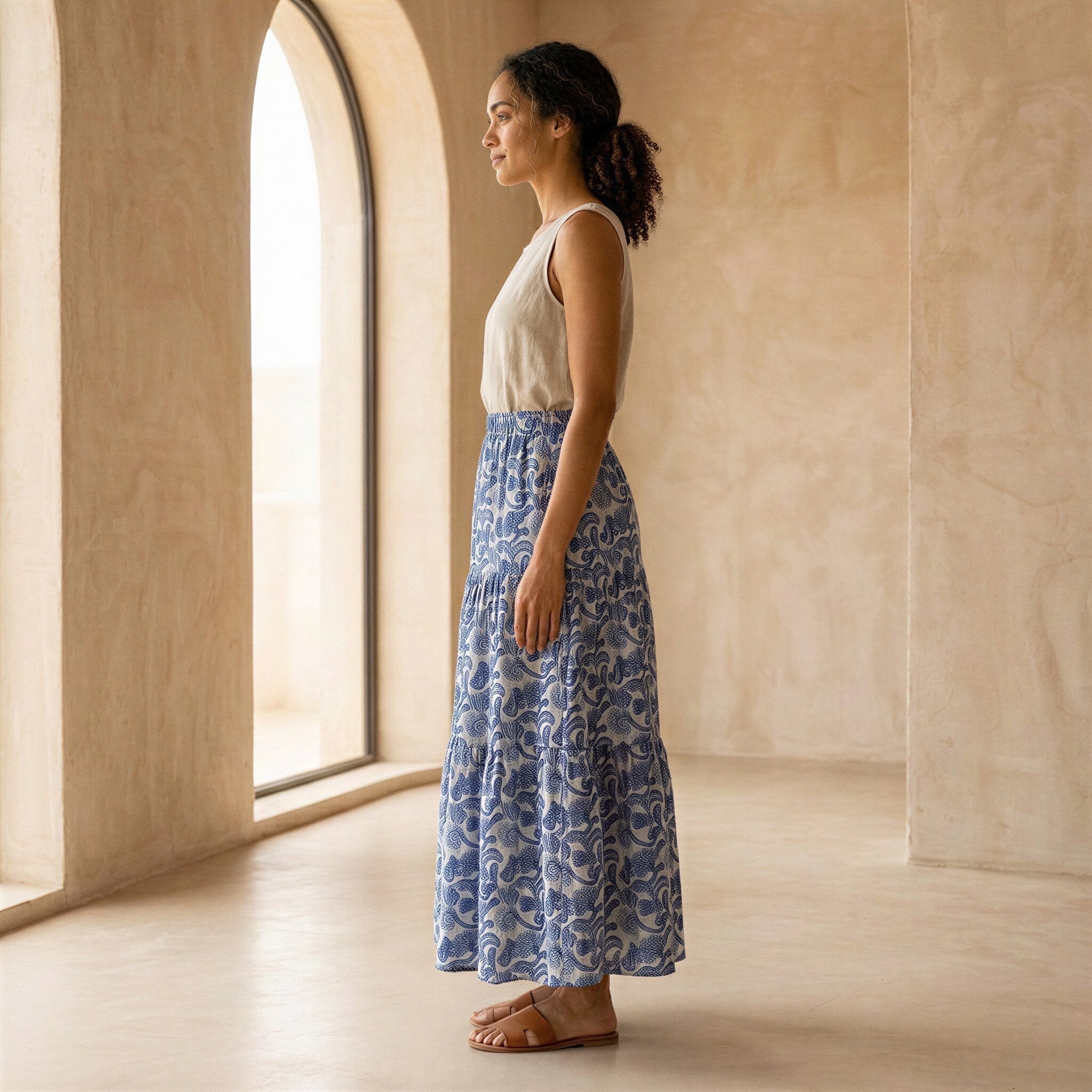 Blue Mughal Floral Block Print Cotton Elasticated Maxi Tier Skirt
