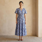 Blue Mughal Floral Block Print Cotton Flutter Sleeve Tie-Back Tiered Midi Dress