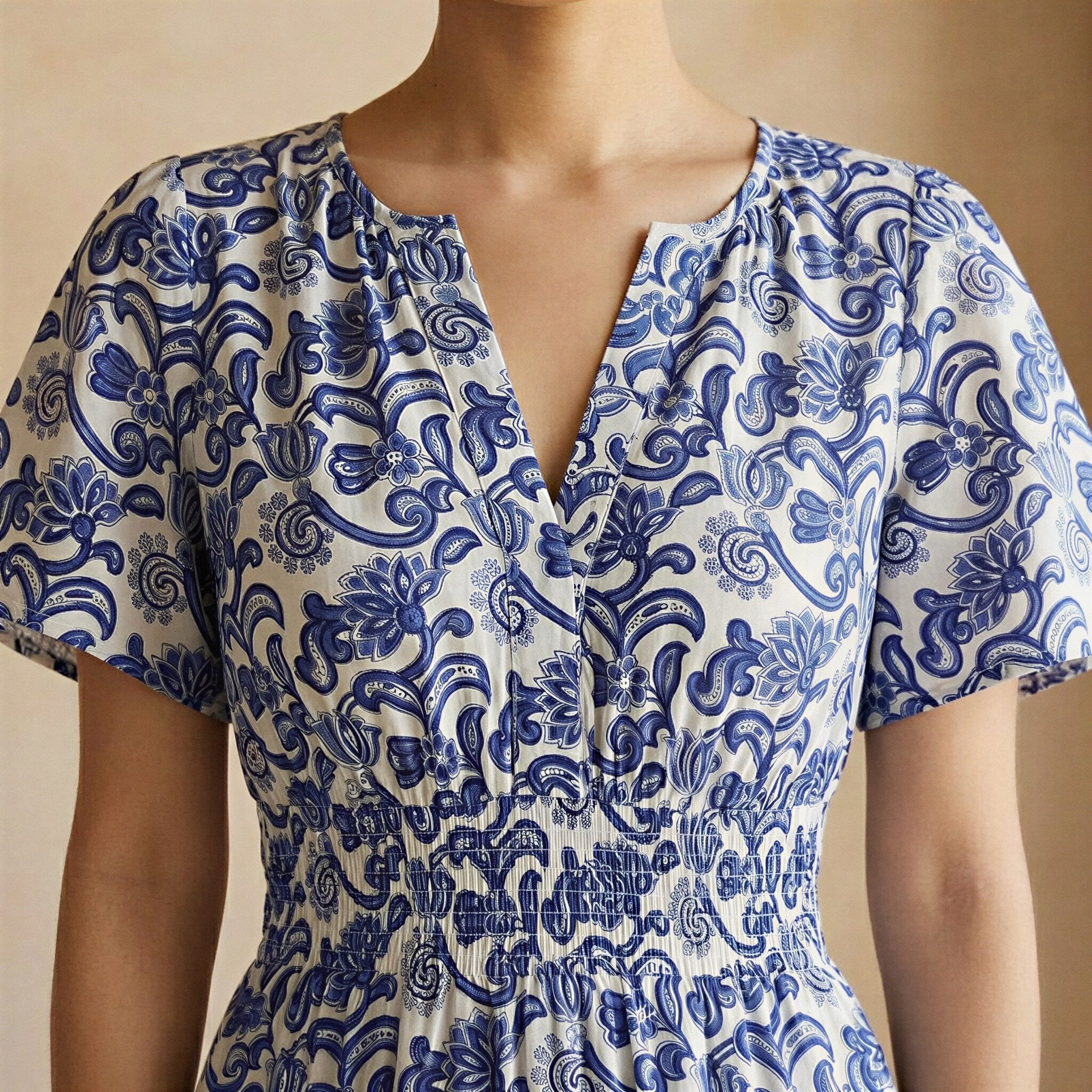 Blue Mughal Floral Block Print Cotton Flutter Sleeve Tie-Back Tiered Midi Dress