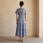 Blue Mughal Floral Block Print Cotton Flutter Sleeve Tie-Back Tiered Midi Dress