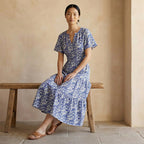 Blue Mughal Floral Block Print Cotton Flutter Sleeve Tie-Back Tiered Midi Dress