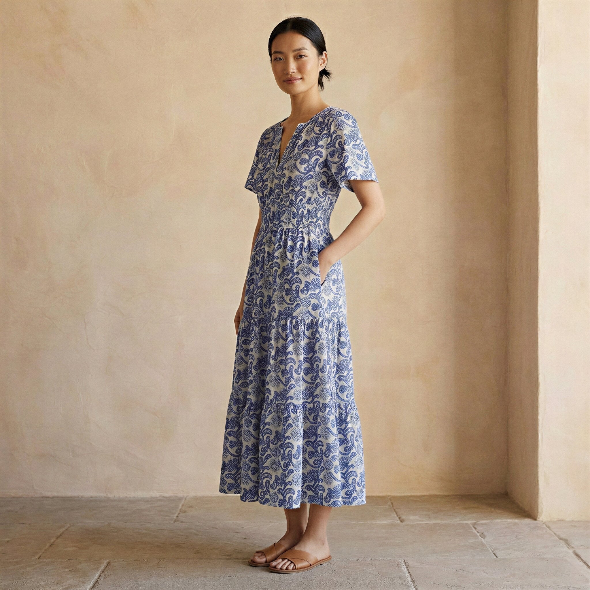 Blue Mughal Floral Block Print Cotton Flutter Sleeve Tie-Back Tiered Midi Dress