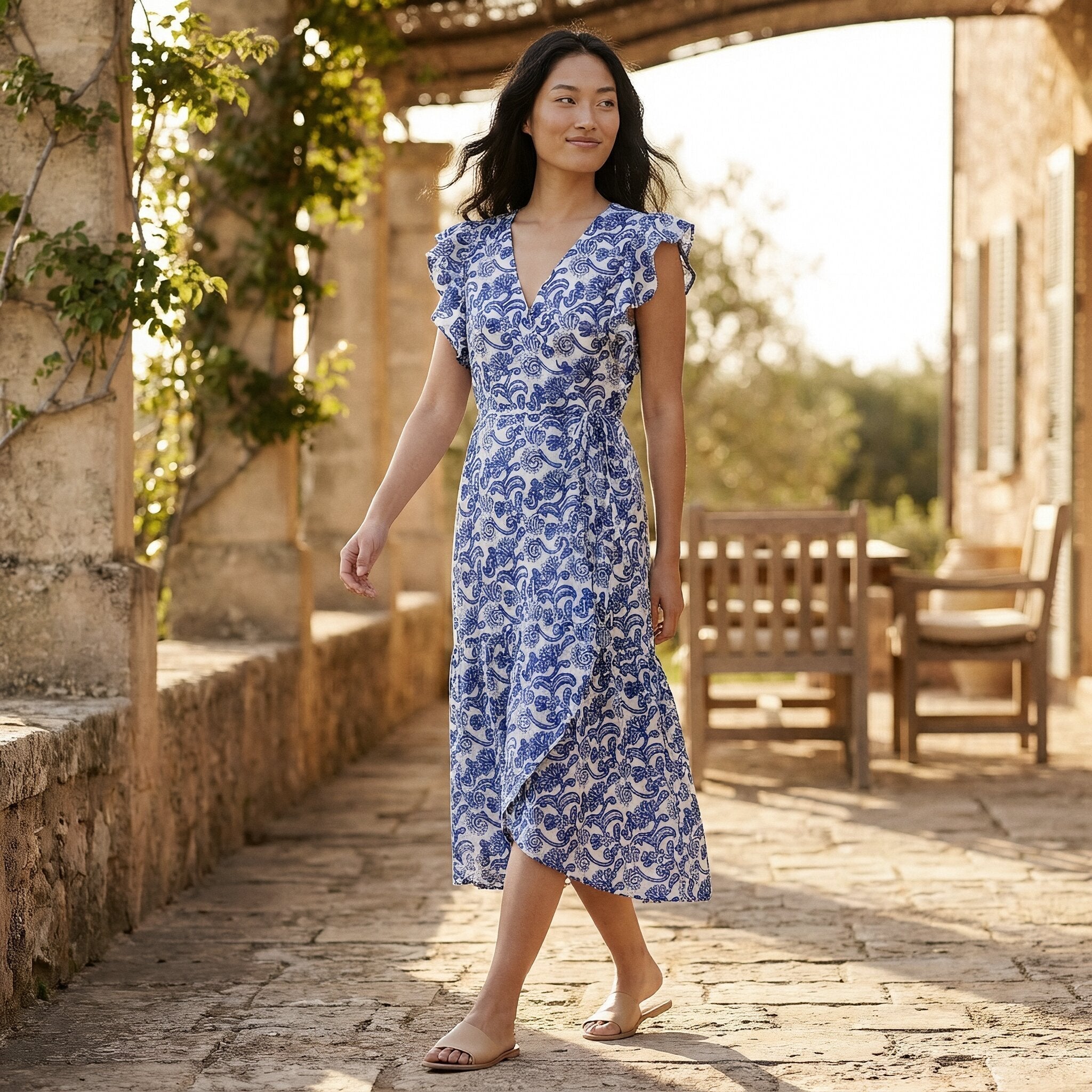 Blue Mughal Floral Block Print Cotton Ruffle Midi Wrap Dress