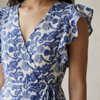 Blue Mughal Floral Block Print Cotton Ruffle Midi Wrap Dress