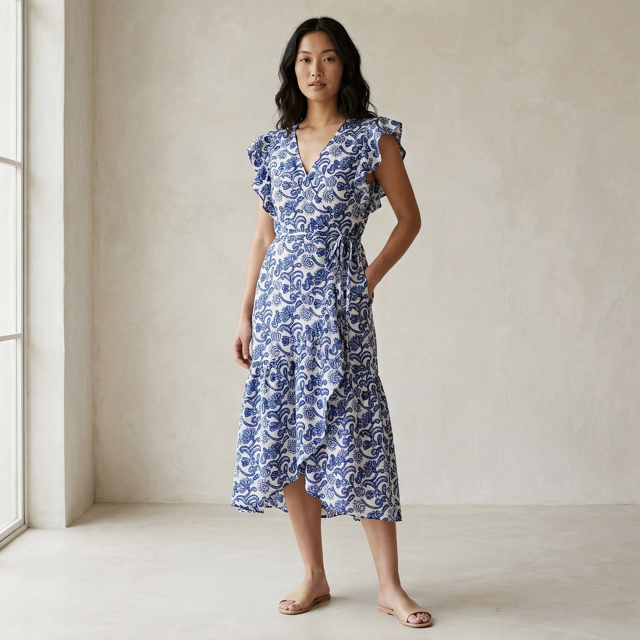 Blue Mughal Floral Block Print Cotton Ruffle Midi Wrap Dress