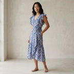 Blue Mughal Floral Block Print Cotton Ruffle Midi Wrap Dress