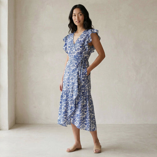 Blue Mughal Floral Block Print Cotton Ruffle Midi Wrap Dress