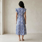 Blue Mughal Floral Block Print Cotton Ruffle Midi Wrap Dress
