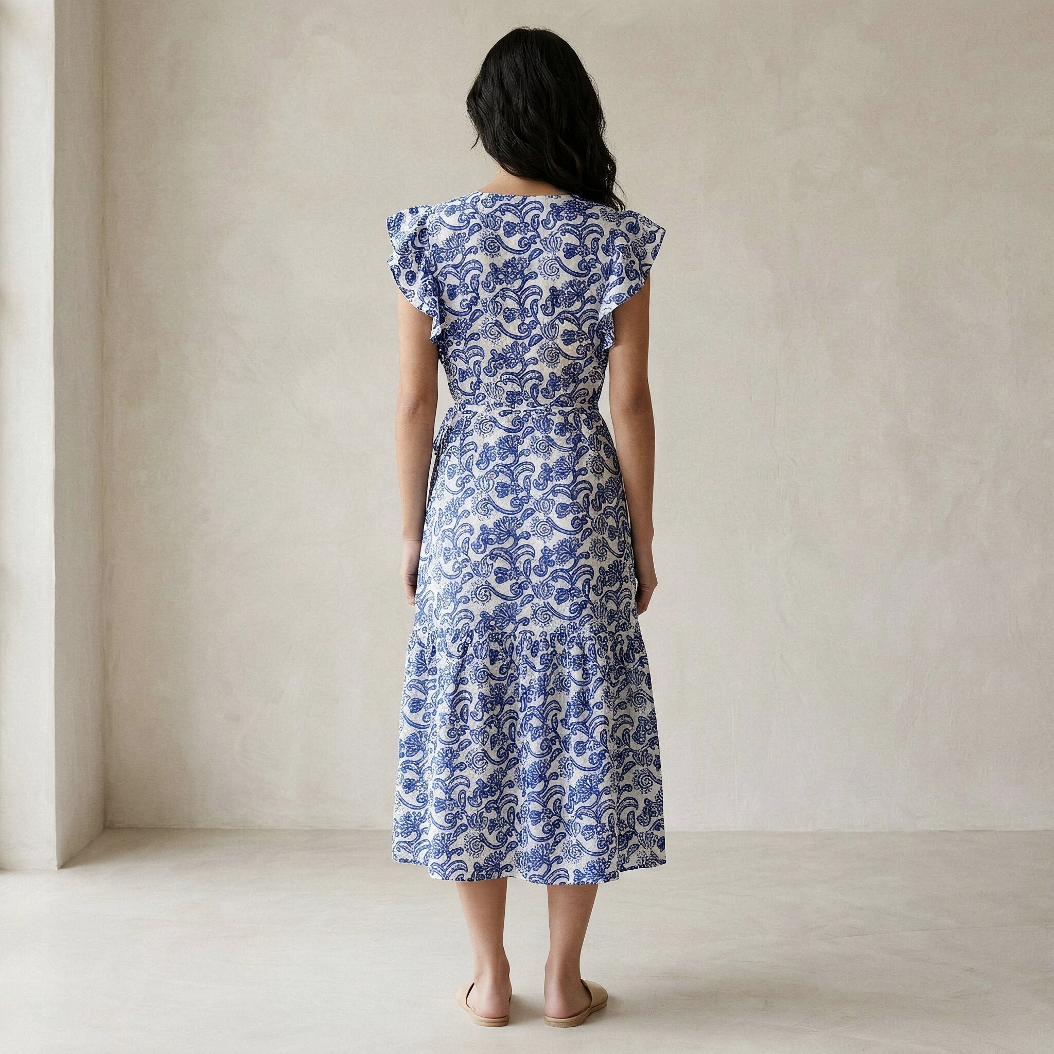 Blue Mughal Floral Block Print Cotton Ruffle Midi Wrap Dress