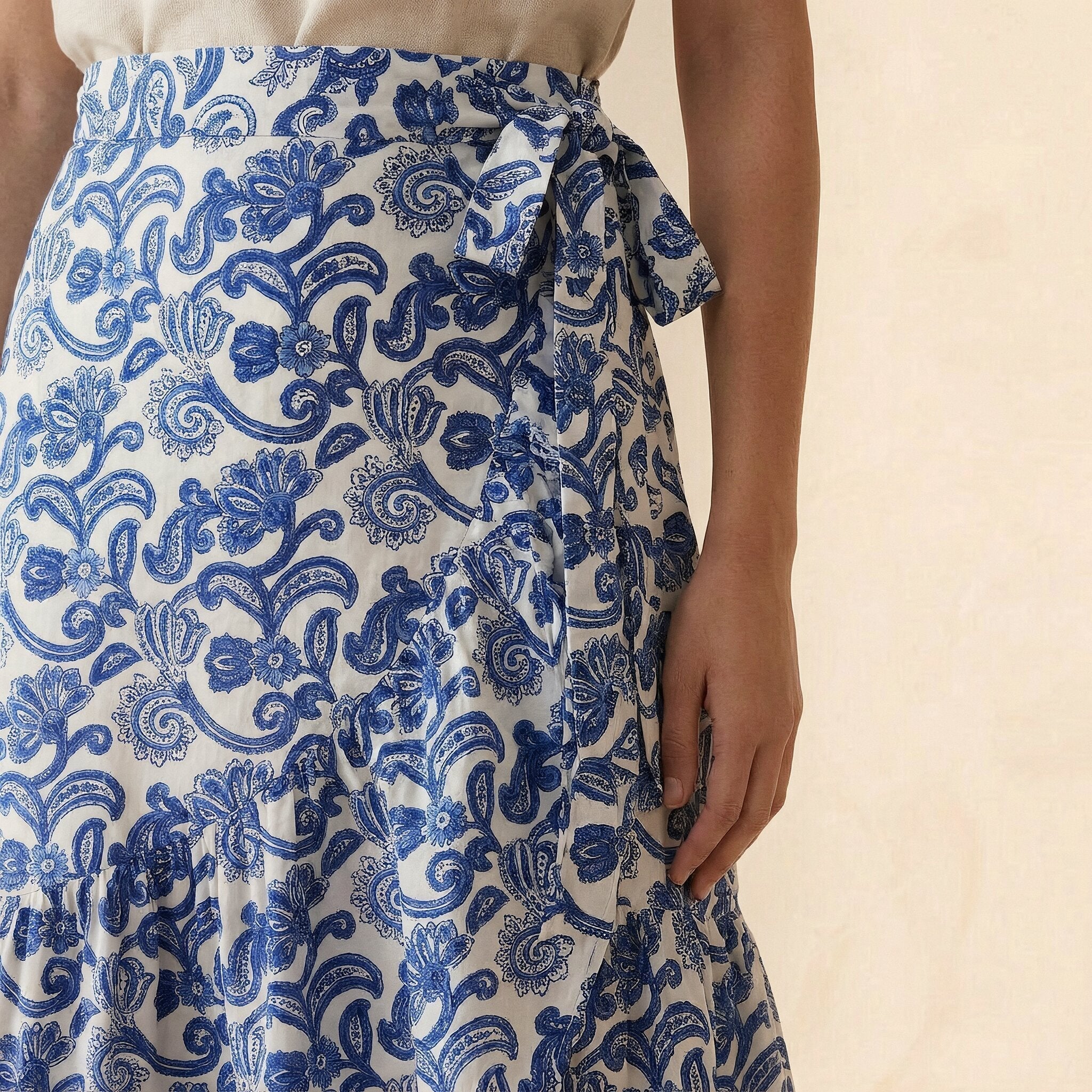 Blue Mughal Floral Block Print Cotton Ruffle Midi Wrap Skirt