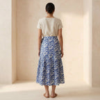Blue Mughal Floral Block Print Cotton Ruffle Midi Wrap Skirt