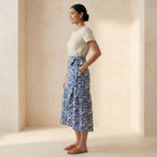 Blue Mughal Floral Block Print Cotton Ruffle Midi Wrap Skirt