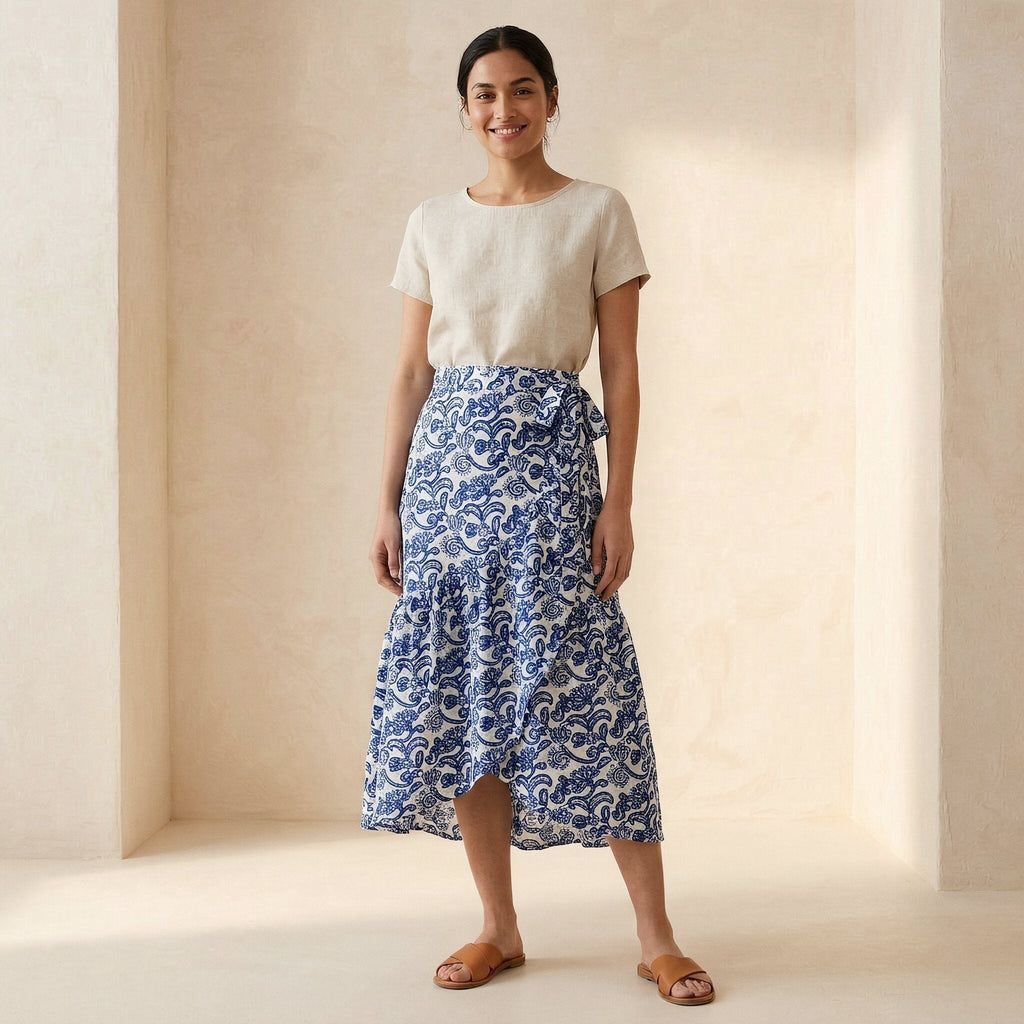 Blue Mughal Floral Block Print Cotton Ruffle Midi Wrap Skirt