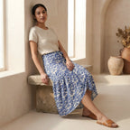 Blue Mughal Floral Block Print Cotton Ruffle Midi Wrap Skirt