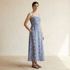 Blue-Pink Floral Block Print Cotton Ankle Length Flared Sundress