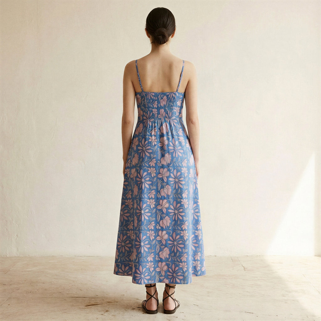 Blue-Pink Floral Block Print Cotton Ankle Length Flared Sundress