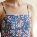 Blue-Pink Floral Block Print Cotton Ankle Length Flared Sundress