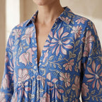 Blue-Pink Floral Block Print Cotton Deep-V Maxi Tier Dress