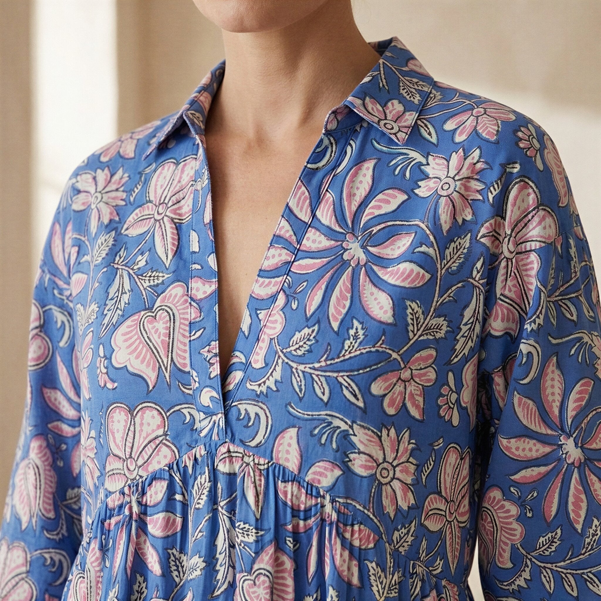 Blue-Pink Floral Block Print Cotton Deep-V Maxi Tier Dress