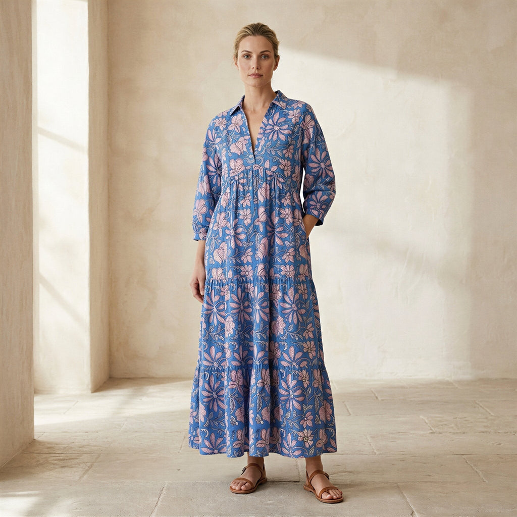 Blue-Pink Floral Block Print Cotton Deep-V Maxi Tier Dress