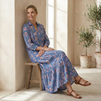 Blue-Pink Floral Block Print Cotton Deep-V Maxi Tier Dress