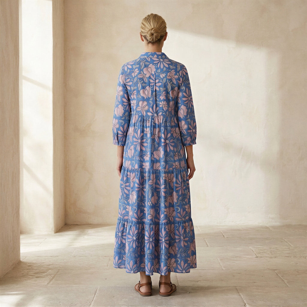 Blue-Pink Floral Block Print Cotton Deep-V Maxi Tier Dress