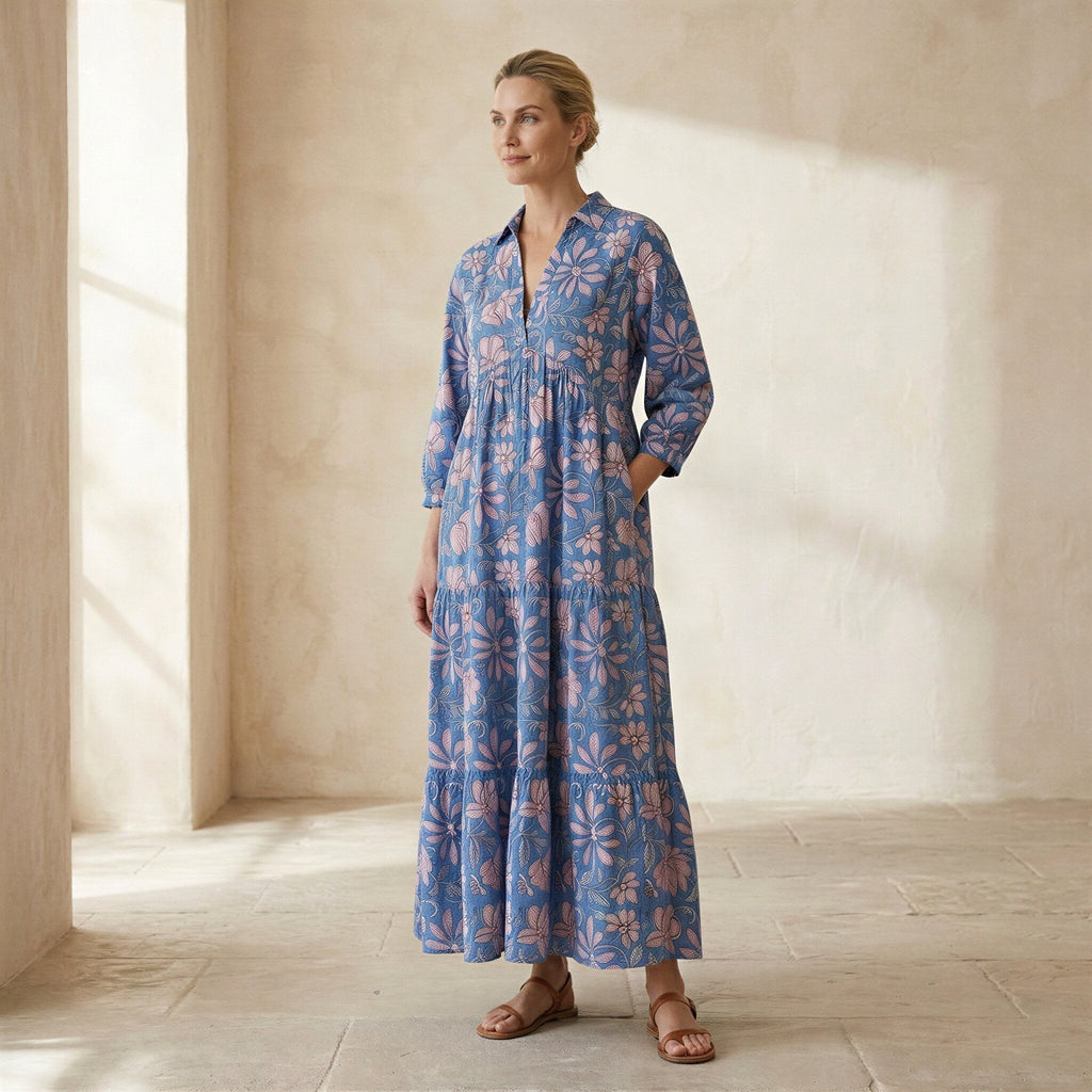 Blue-Pink Floral Block Print Cotton Deep-V Maxi Tier Dress