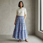 Blue-Pink Floral Block Print Cotton Elasticated Maxi Tier Skirt