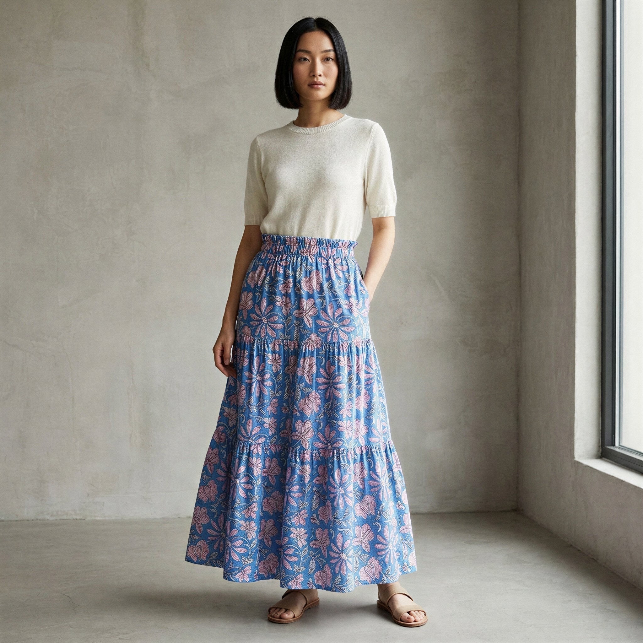 Blue-Pink Floral Block Print Cotton Elasticated Maxi Tier Skirt