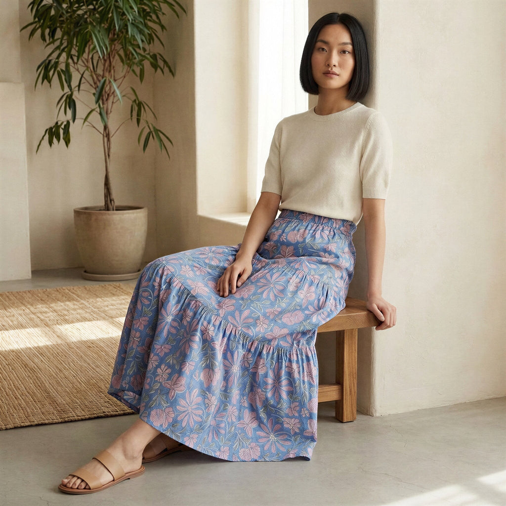 Blue-Pink Floral Block Print Cotton Elasticated Maxi Tier Skirt