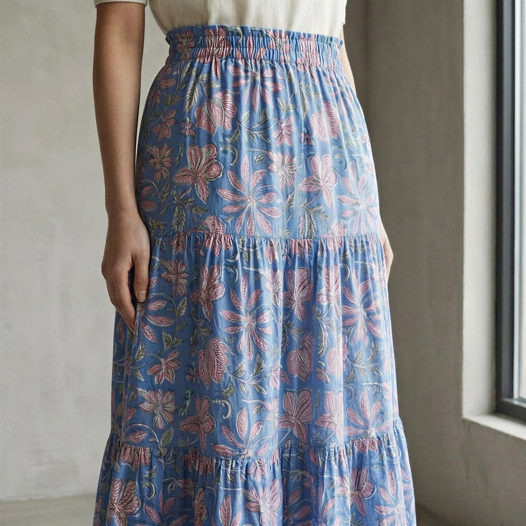 Blue-Pink Floral Block Print Cotton Elasticated Maxi Tier Skirt