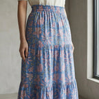 Blue-Pink Floral Block Print Cotton Elasticated Maxi Tier Skirt