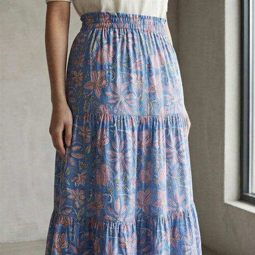 Blue-Pink Floral Block Print Cotton Elasticated Maxi Tier Skirt
