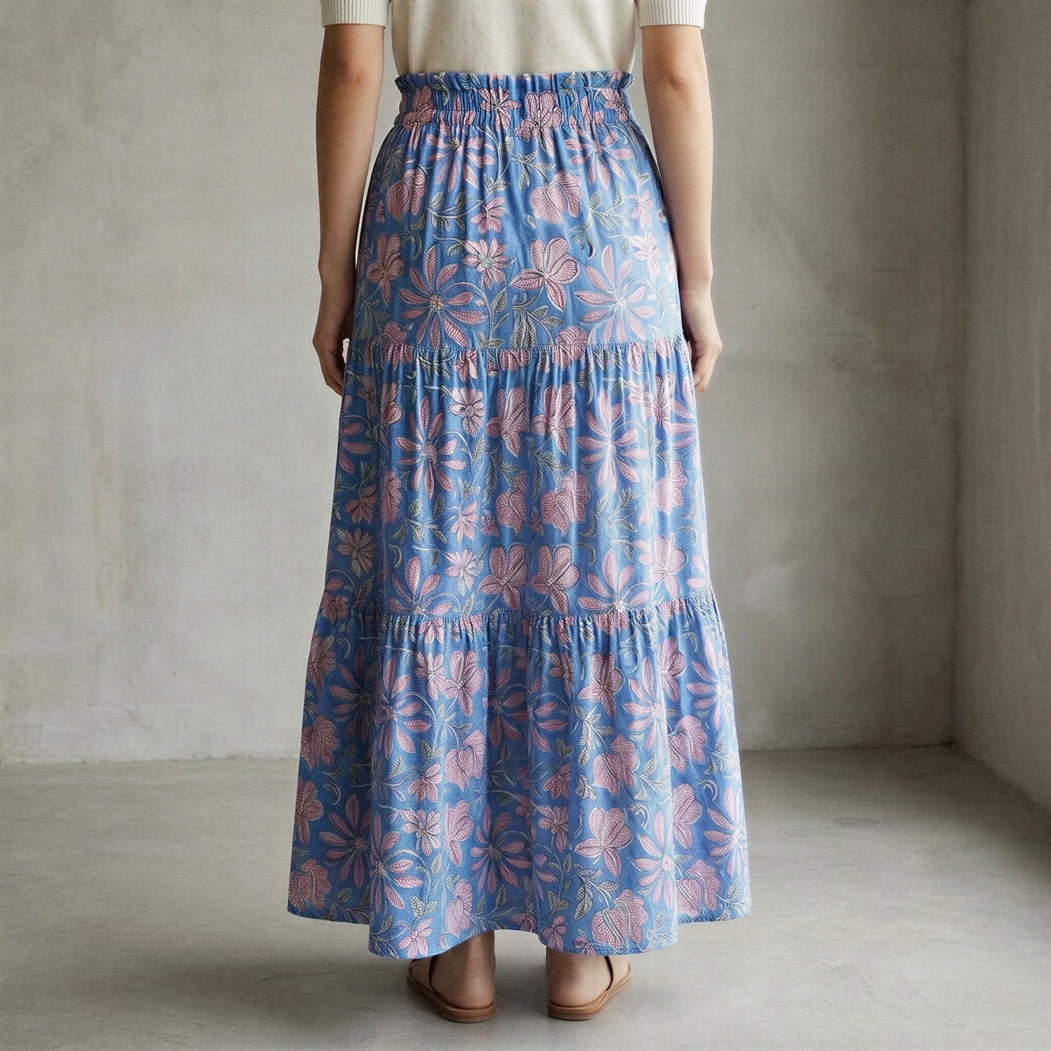 Blue-Pink Floral Block Print Cotton Elasticated Maxi Tier Skirt