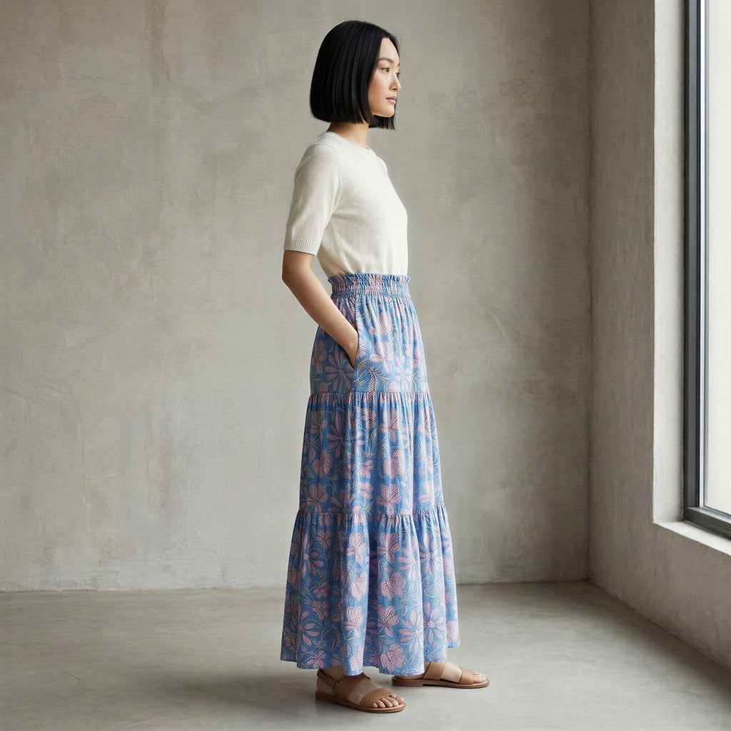 Blue-Pink Floral Block Print Cotton Elasticated Maxi Tier Skirt