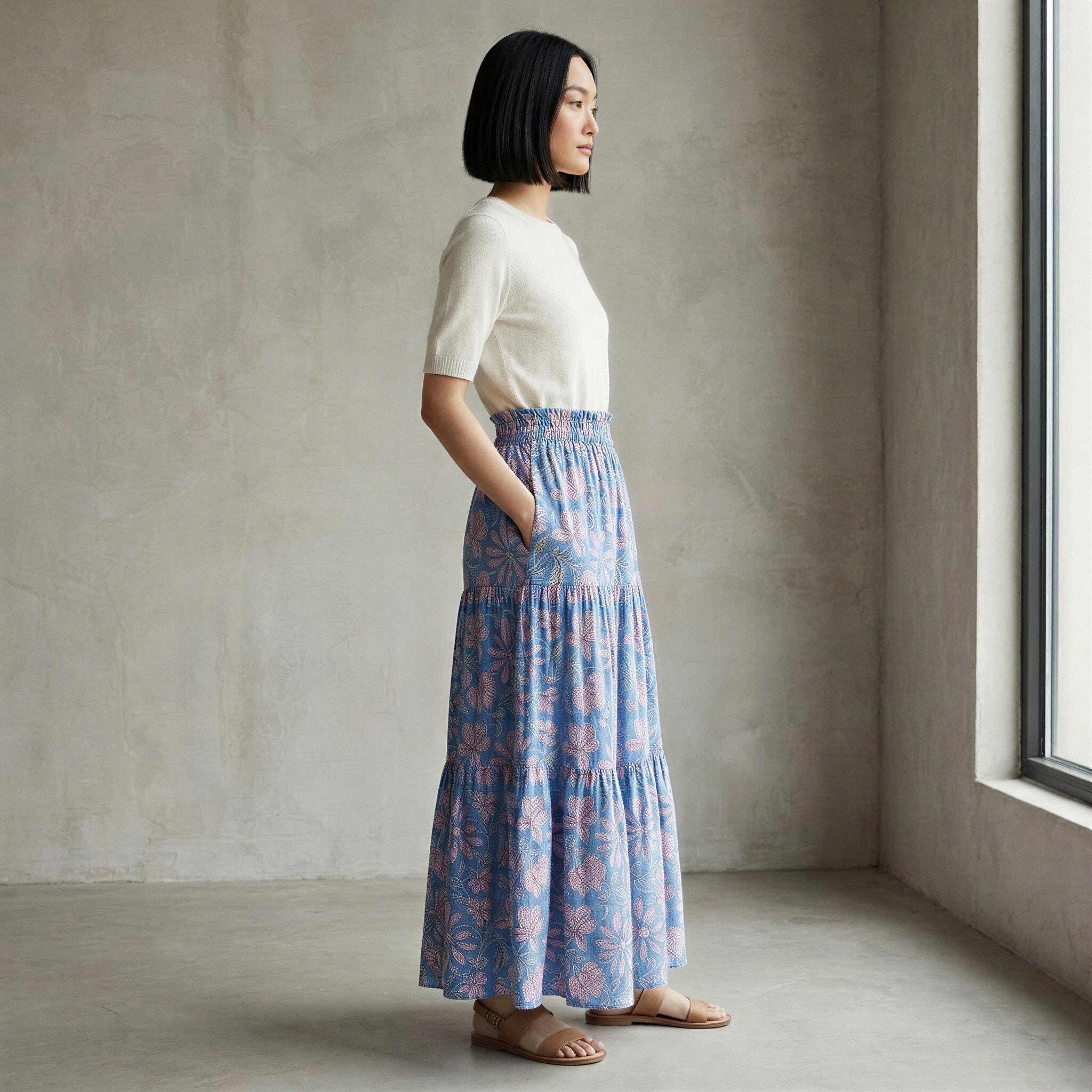 Blue-Pink Floral Block Print Cotton Elasticated Maxi Tier Skirt